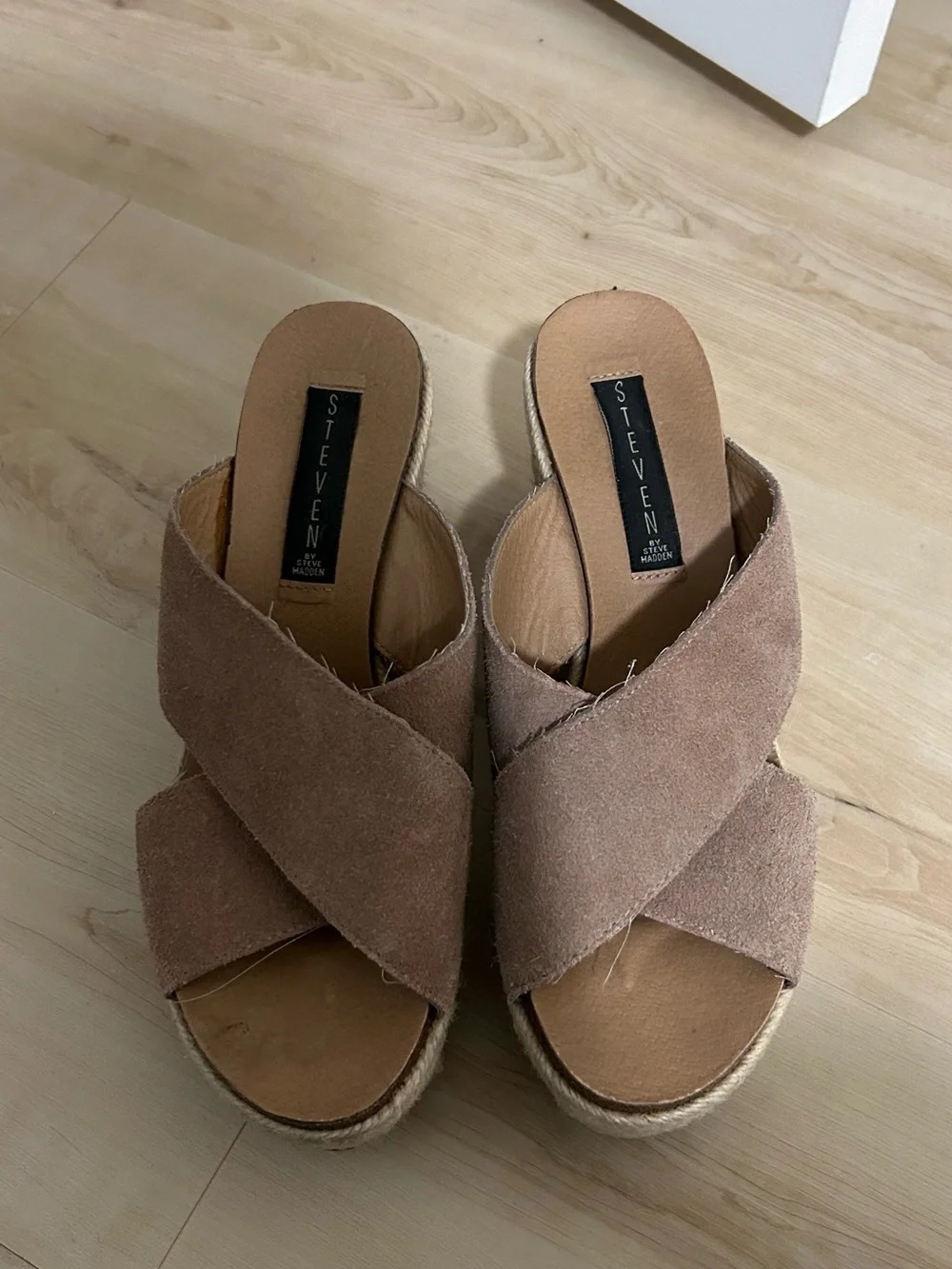 Steven by Steve Madden Taupe Suede Crisscross Espadrille Wedge Slides